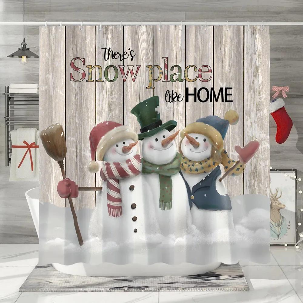 GAEChristmas Shower Curtain Santa Claus Snowman Elf Snowflake Cartoon Winter Rustic Home Polyester Fabric Bathroom Decor