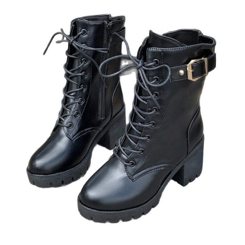 Hot Selling British Style New Round Head Chunky Heel Ankle Bootie Women's Boots Black Lace Up Shoes Botines Para es