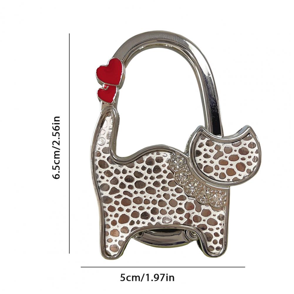 Cat-Shaped Bag Hook with Shiny Rhinestones Decor Non-Slip Base Foldable Desk Edge Handbag Hanger Keychain