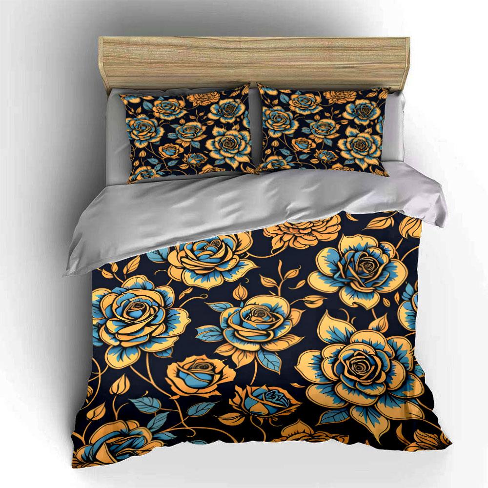 Exquisite Blue and Yellow Rose Print Bedding Set 1 Duvet Cover 2 Pillowcases for Adult and Children Luxury Gift Full Size