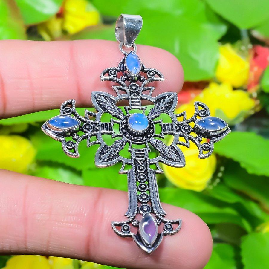 Cross- Milky Opal Gemstone Handmade 925 Sterling Silver Gift Pendant 2.68" w7E55