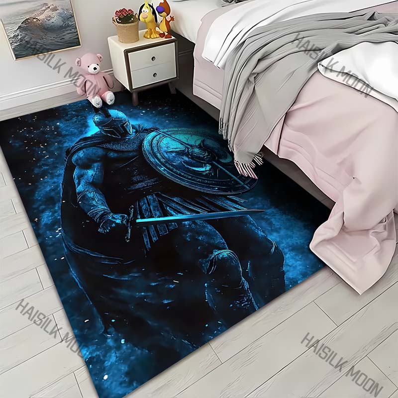 

1PC Blue Spartan warrior wielding shield sword Print Carpet for Living Room Bedroom Sofa Home Decor Rus Non-slip Floor Mat 40x60cm