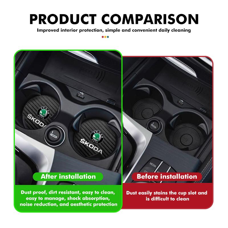 2 Stück Auto Kohlefaser Untersetzer Anti-Rutsch Wasserbecher Getränkeunterlage Für Skoda Kamiq Karoq Octavia 2 3 Rapid Scala Kami Fabia VII VRS