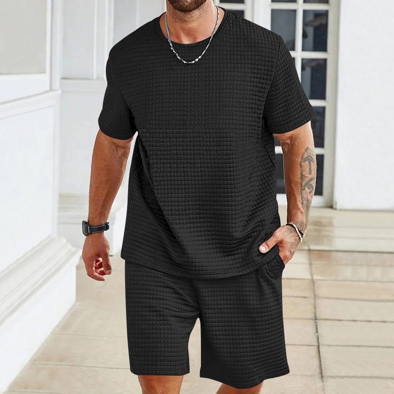 New Men's Sports and Leisure Suit Solid Color Crew Neck Shirt Shorts Piece Set Fashion Men's Summer Suit