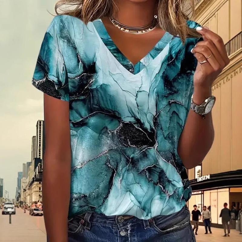 

Spring Summer Short Sleeved T-shirts for Women Trendy Short Sleeved Tops V-neck Short Sleeved Tops Retro 3D Printed Shirt S
