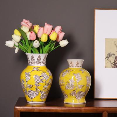 Yellow Ceramic Vase Qinghua Porcelain Vintage Porcelain Vase Chinese Style Flower Vase Terrarium Room Decoration Accessories