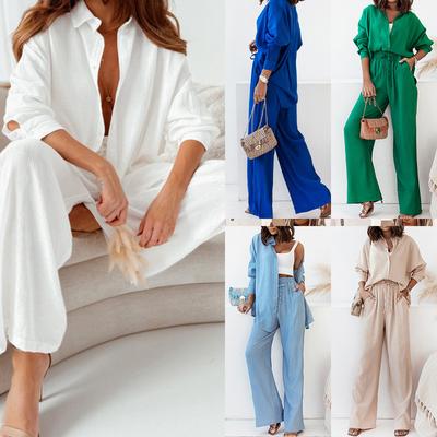 2025 European and American Women's Clothing Spring New Fashion Temperament Solid Color Lapel Shirt High Waist Trousers Two-piece Set Women