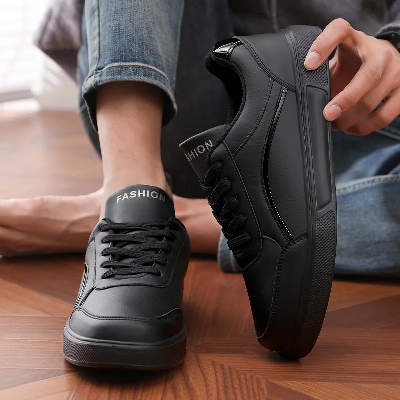 Men's Casual Black Sneakers Fashionable Lightweight Comfortable Non Slip Shoes Minimalist Design PU Leathe Skate Shoes for Men