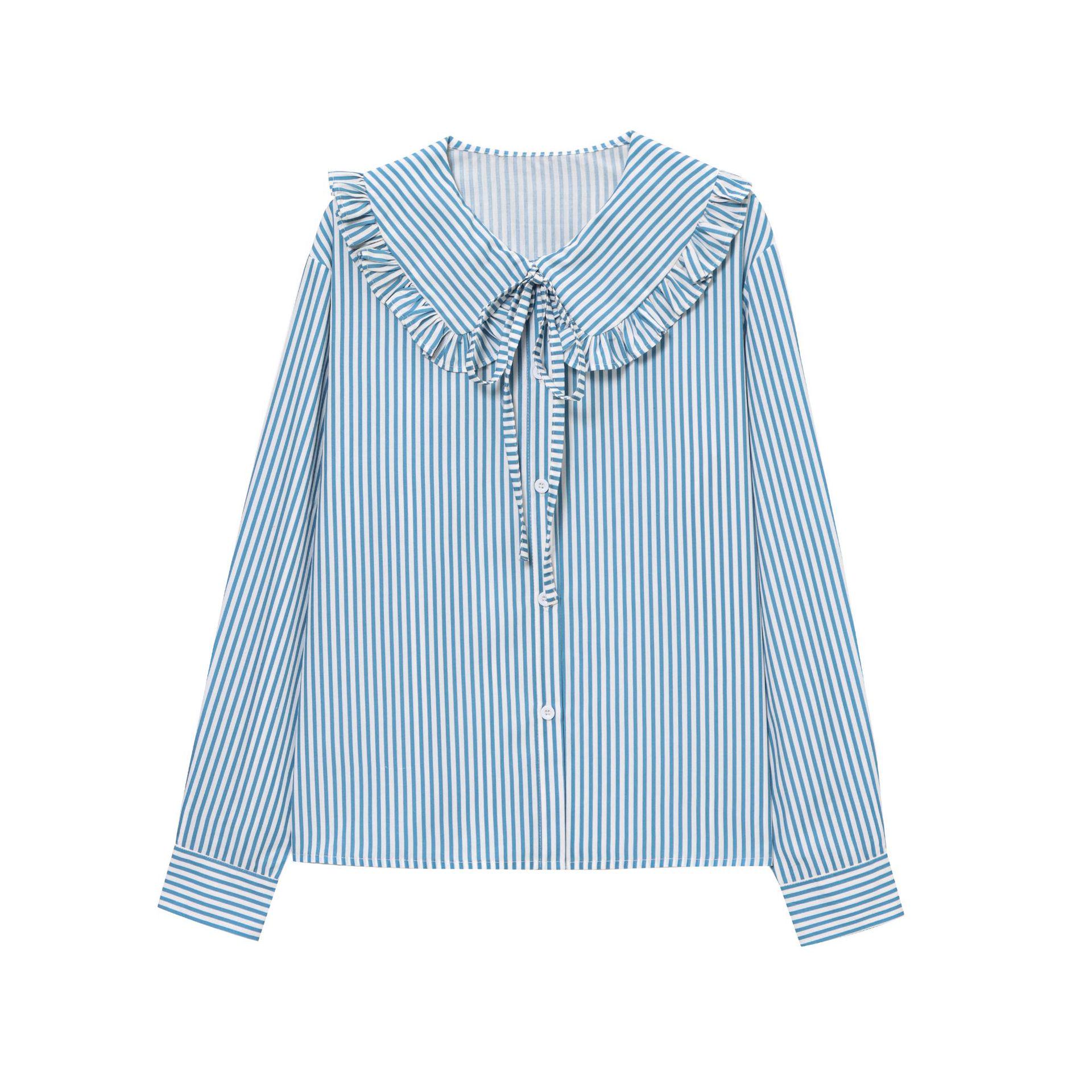 Elegant Women s Long Sleeve Striped Doll Collar Shirt Large