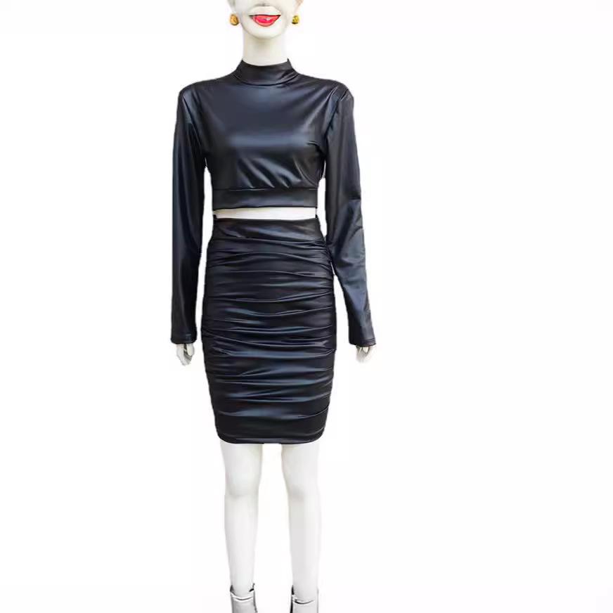 Women's 2022 Ruched Stand-up Collar Long Sleeve Two-piece Bodycon Dress