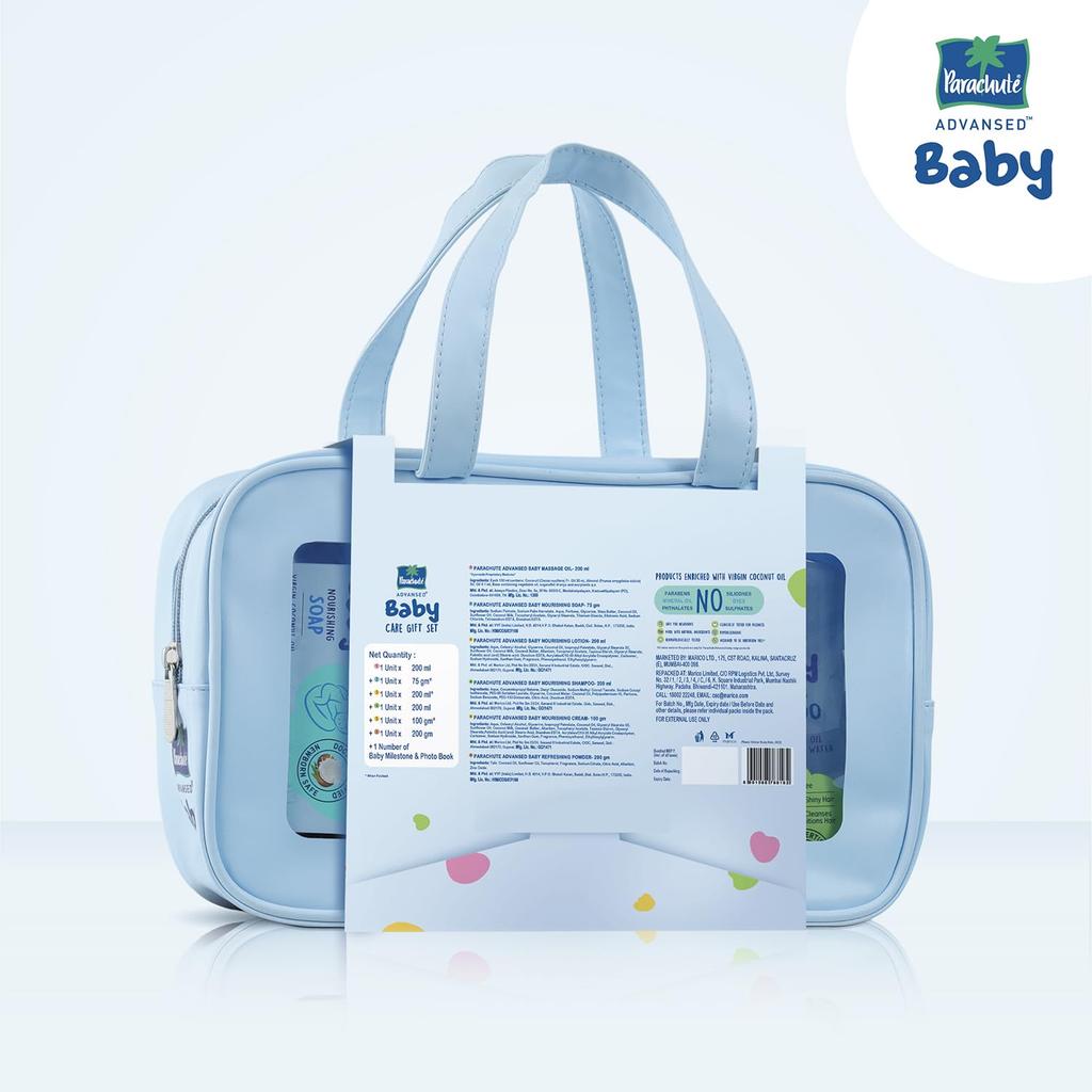 PARACHUTE Gavesett til nyfødt baby med lotion, olje, sjampo, krem og pudder | 6-i-1 babyessensielt sett med gjennomsiktig reiseveske | Ideell som gave