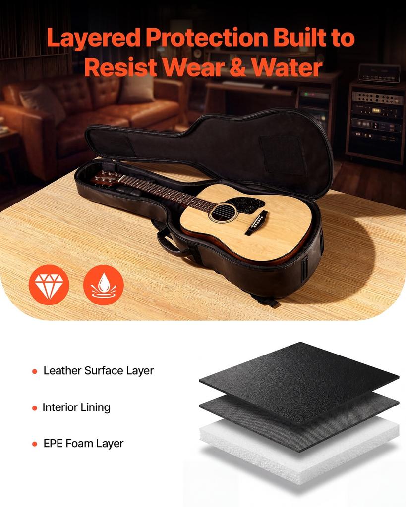 Acoustic Guitar Hard Case, 1195 MM, Hard-Shell Protective Travel Carrying Case with Accessory Compartment, Foam Padding, Portable Handle, Shoulder