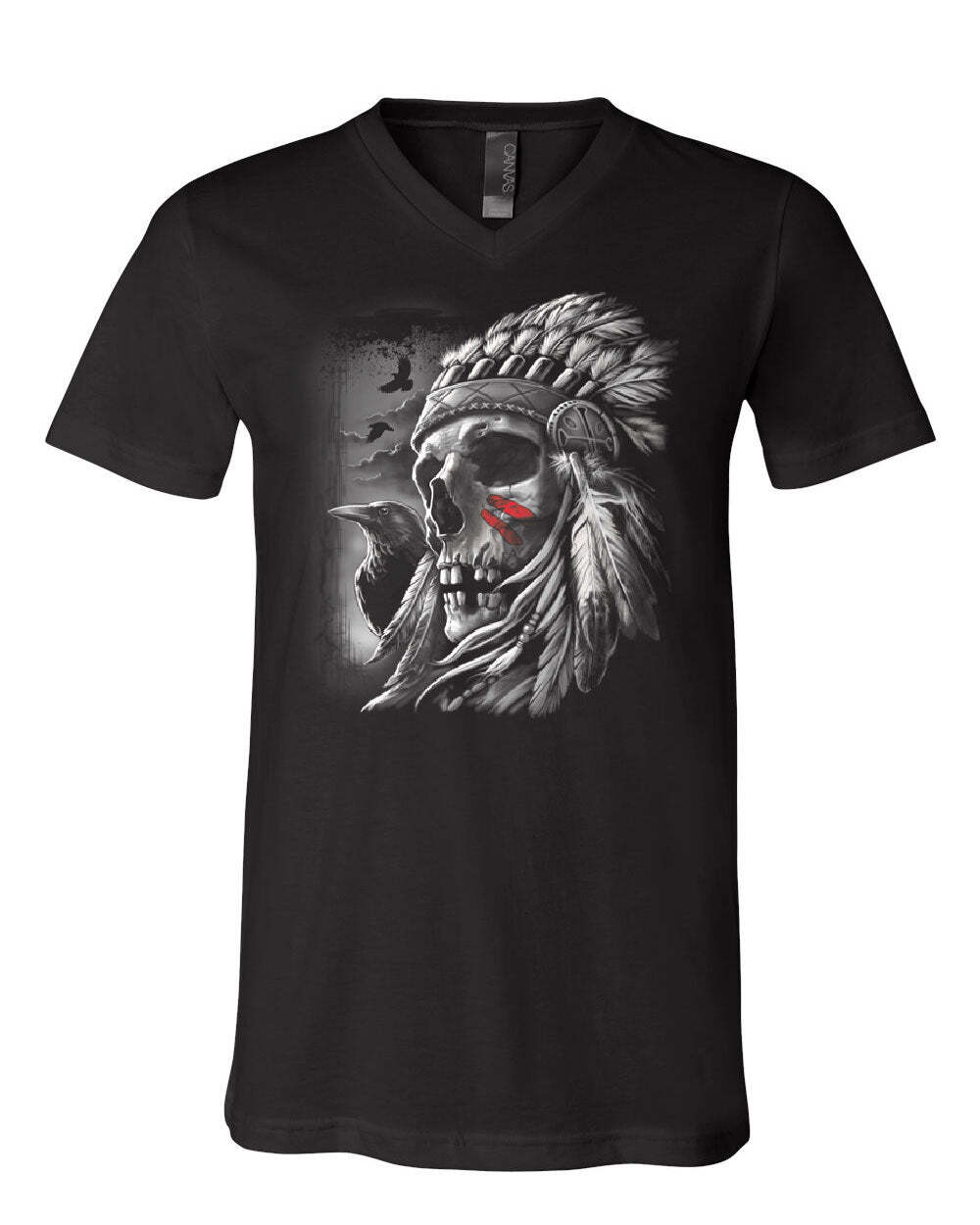 Chief Skull Warbonnet Headdress V-Neck T-Shirt Native American Heritage Tee S разноцветный