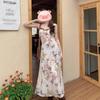 Women's French Retro Butterfly Print Maxi Dress for Spring and Summer Vacations