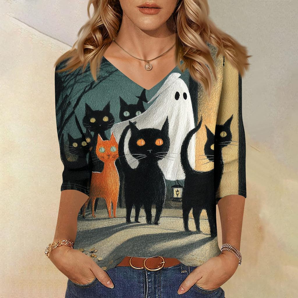 Womens Casual Halloween Print V Neck Three Quarter Sleeve Top Lightweight Soft Fabric Relaxed Fit Pullover Shirt