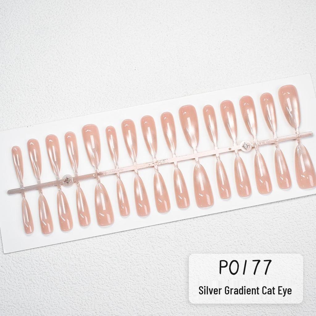 Silver Gradient Cat Eye Champagne French Full-Size Handmade Wearable Nail Tips