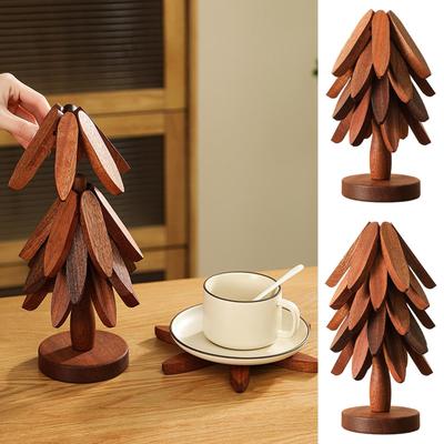 Wooden Trivets Tree Trivet Foldable Wood Christmas Tree Shaped Teapot Holder Tabletop Protection Hot Pot Coaster Table Mat