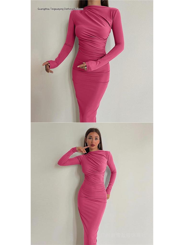 European Style Elegant Round Neck Long Sleeve Slim Fit Bodycon Dress