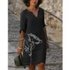 Women's V-Neck Printed Midi Dress Loose 3/4 Sleeve Casual Summer Dress
