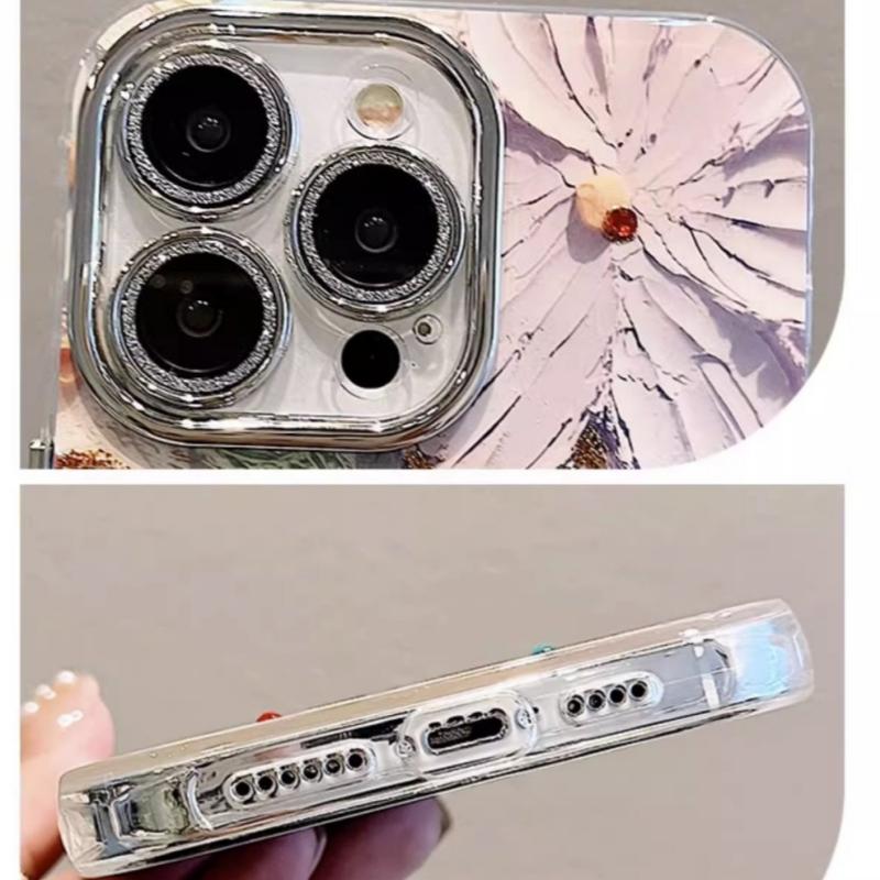 For iPhone 16 Pro Max Luxury Glitter Flowers Laser Pattern Clean Frame Phone Case For iPhone 13 14 15 16 Lens Protective Cover