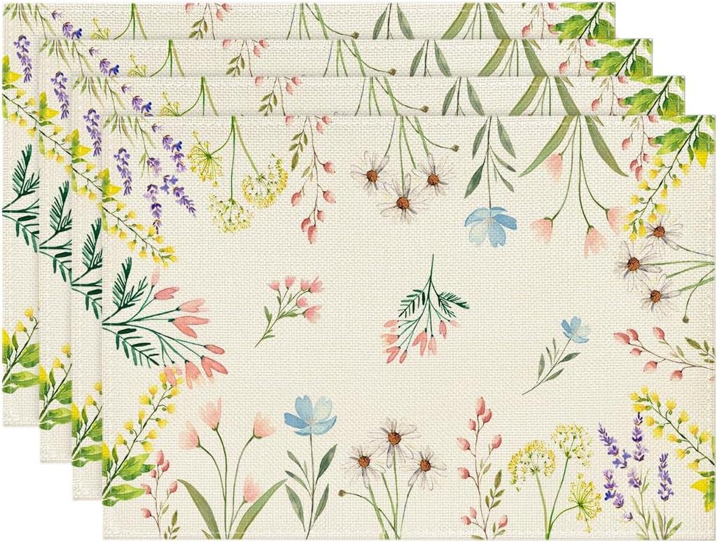 Flowers Floral Summer Placemats Set of 4, 12x18 Inch Seasonal Spring Table Mats for Party Kitchen Wedding Dining Decoration