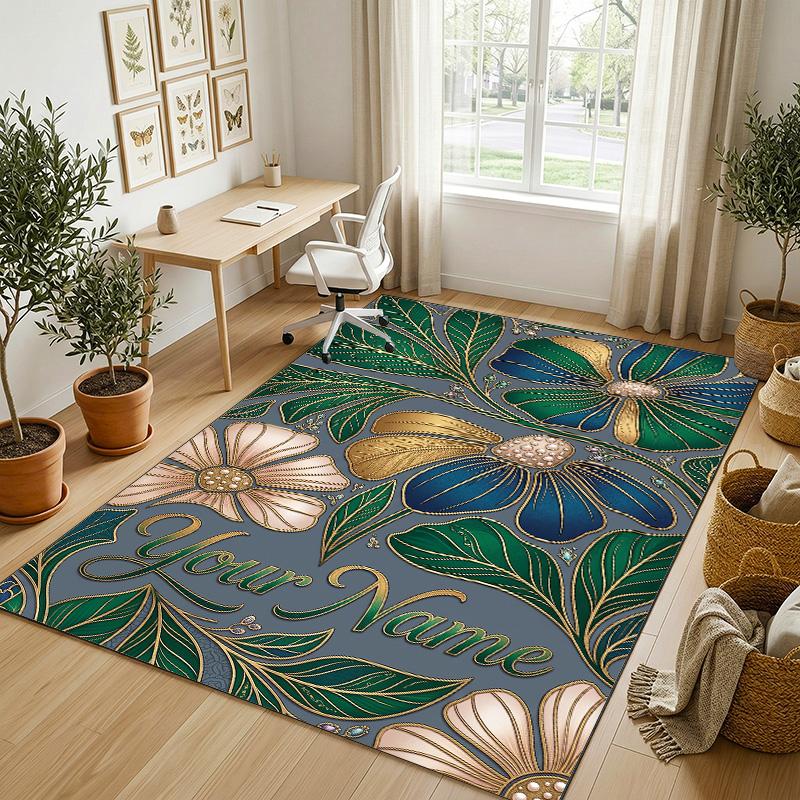 Floral Art Nouveau Theme Soft Crystal Velvet Rug Custom Name & Text Print Non Slip Floor Rug for Bedroom Living Room