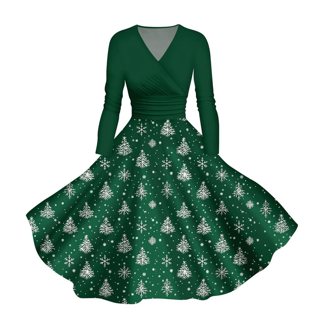 Abito casual da donna con scollo a V, maniche lunghe, stampa natalizia retrò, autunno