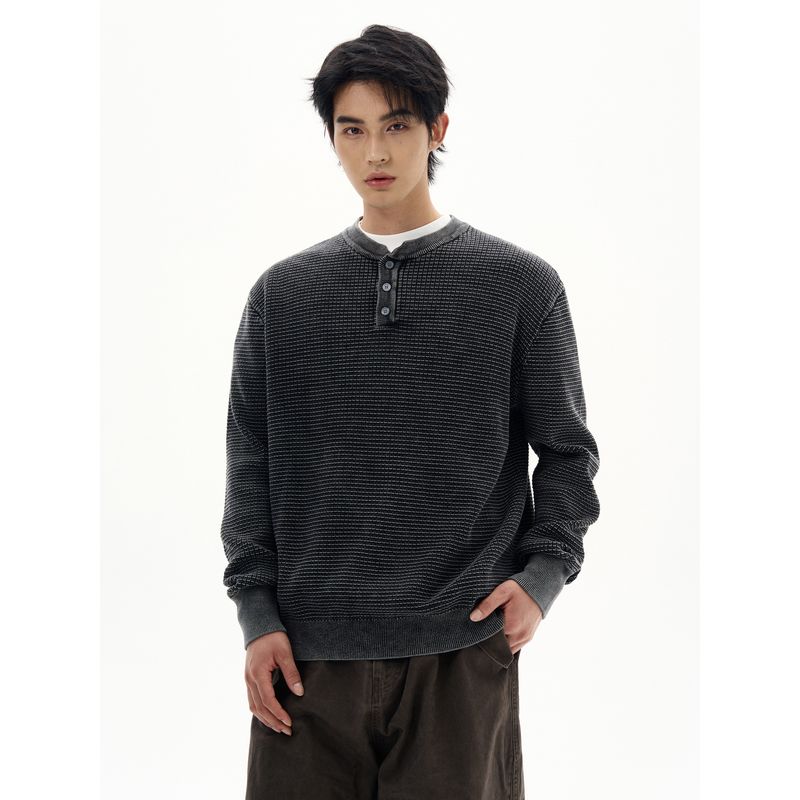 Kisko American Retro Waffle Henry Collar Work Clothing Long-Sleeved Men's and Women's High-End Loose Casual Knitted Tops