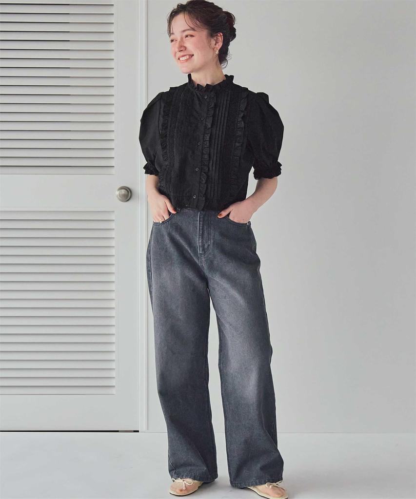 Titibait Ruffle Lace Design Blouse AFXP4267 L Black Women's