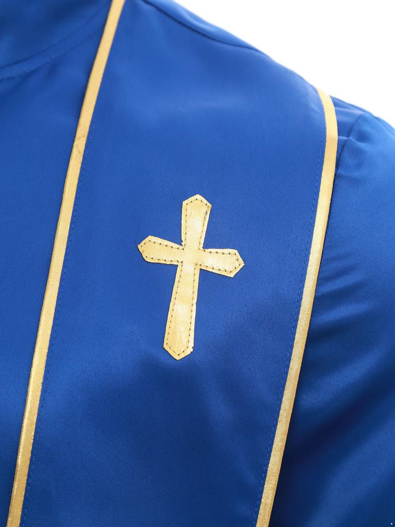 Mens Priest Robe Costume Stand Collar Long Sleeve Front Zip Design Gold Cross Cassock Catholic Halloween Cosplay Vestments