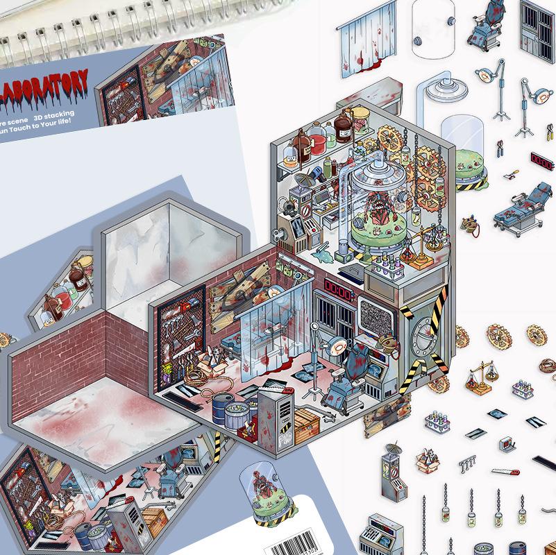 Kreskówkowy Naklejka Krajobraz Piła Łańcuchowa Szaleństwo Laboratorium Miniaturowy Świat 3D Trójwymiarowa Chata Dekompresja DIY Scena Manual