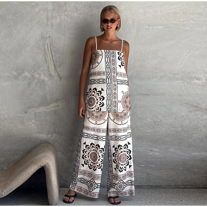 Vintage Print Strap Vest Pants Set Women Sleeveless Backless Tube Top Wide Leg Loose Trousers Female 2025 Fashion Holiday Suit