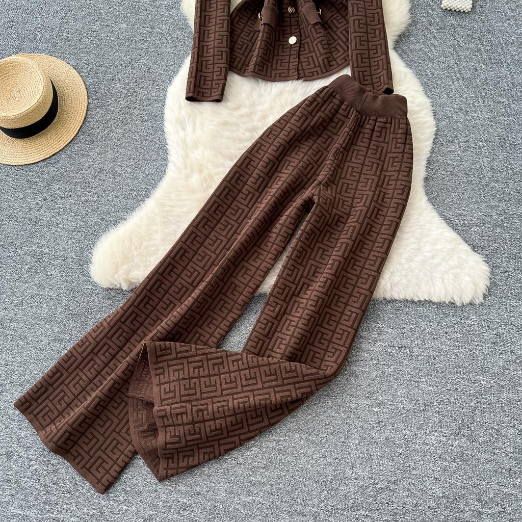 Herbst Winter Damen Vintage Designer Strickpullover Hose Zweiteiliges Set Blazerkragen Jacke Mantel und Weitbeinige Hose Trainingsanzug