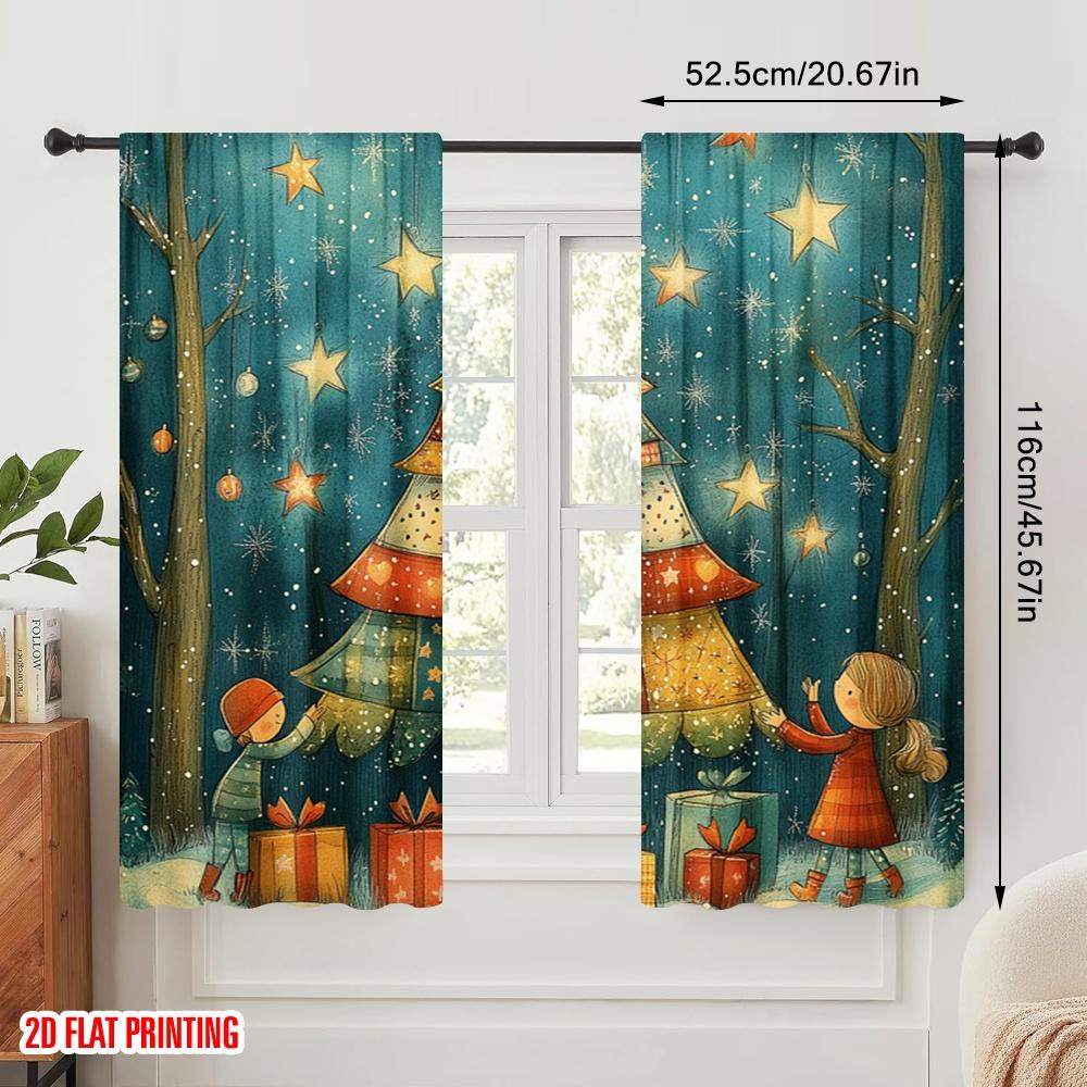 2pcs,2D plane printing Curtain Popular Charming Festive Christmas Tree Scene (2) Polyester (without rod) Home Decor for Bedroom,