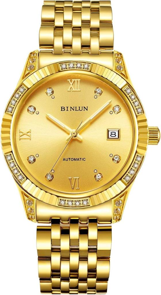 BINLUN Automatic Mechanical Watch with Manual Date Gold Luxury Sapphire Crystal Men's Winding, Display, Diamonds, Watch, Simple, Elegant, Stylish,