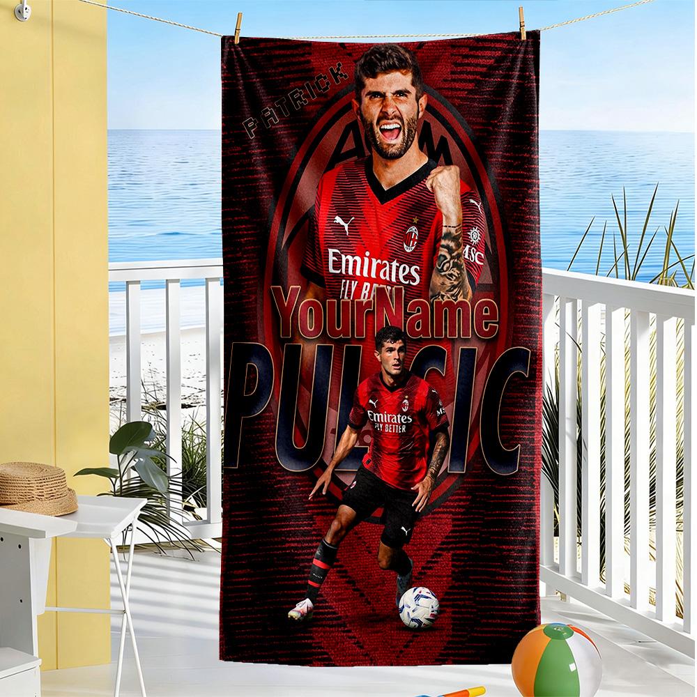 Ac Milan Personalized Text Beach Towel Super Soft & Absorbent Ideal for Travel Outdoor Swim Pool Yoga Surf Camping Hiking Gym Gift Holiday