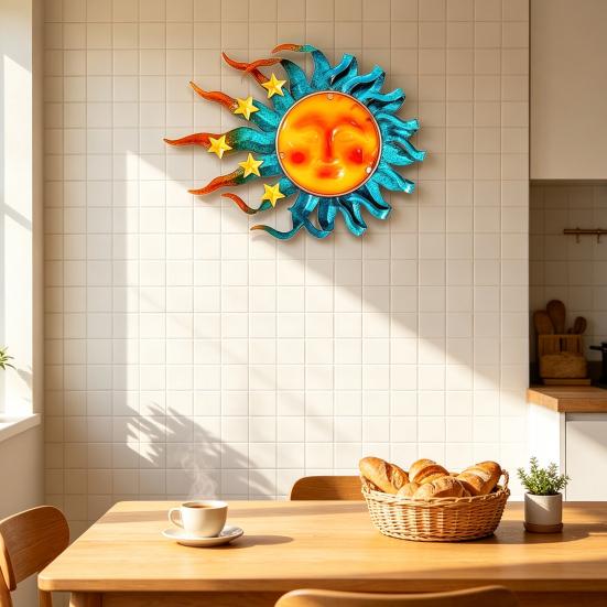 Pièces d'art murales pour véranda Vitrail Visage Solaire Art Métallique, Fer Forgé avec Étoiles Jaunes Décor Suspendu Fait Main, Sculpture Résistante aux Intempéries pour