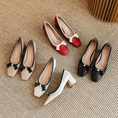 Low Heels Pumps Shoes for Women Square Closed Toe Chunky Block Heeled Dressy Shoes With Bowknot Women's Comfort Slip On Work Pumps for Wedding Party