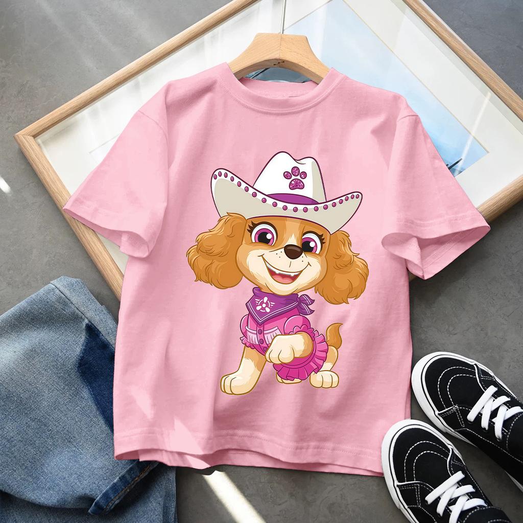 PAW Patrol Children Short Sleeve T-shirt Cartoon Chase Skye Print Pullover Boys Girls Summer Breathable Casual Cotton Tops Gifts