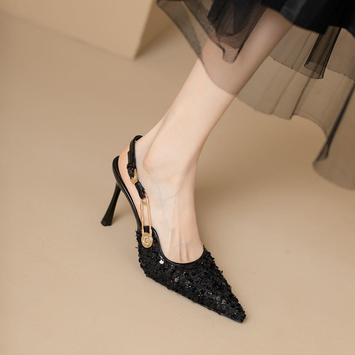 

Versatile pointed stiletto high heels sequined cloth surface spring and summer one-word buckle skirt banquet shoes single shoes 42 чорний