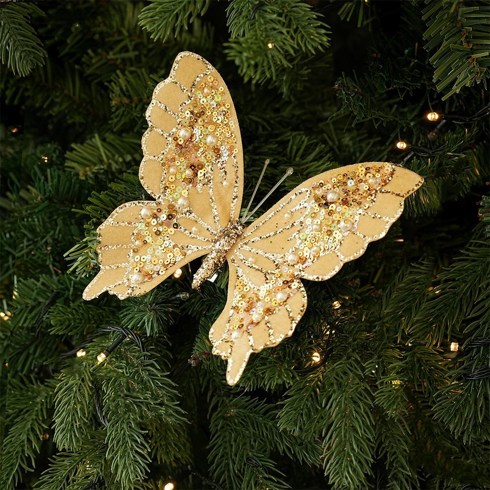 Clip-On Christmas Sequin Butterfly Ornament Pearl Christmas Butterfly Window Display