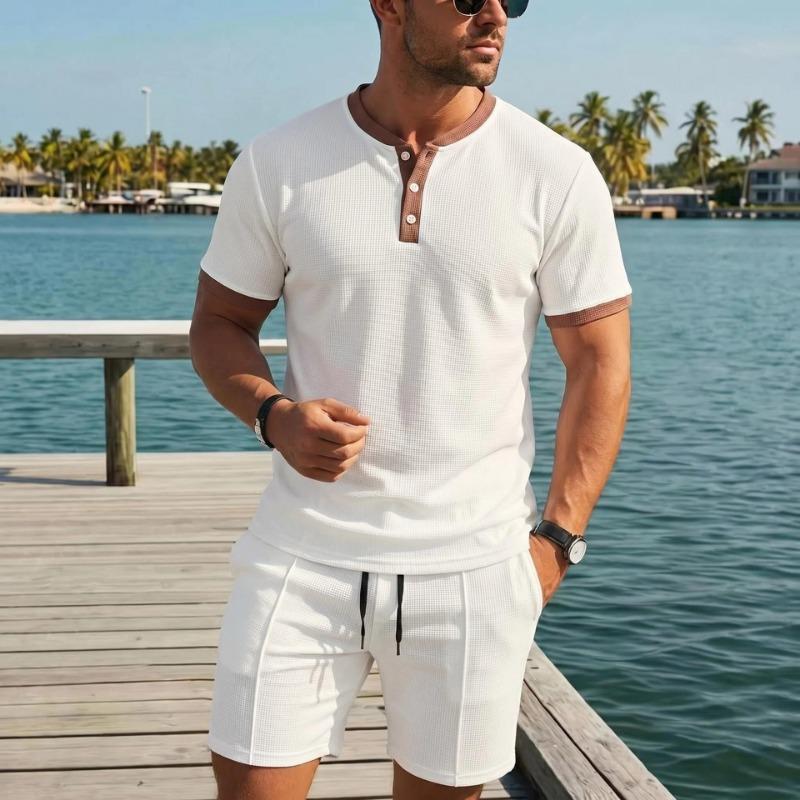 Mens White Waffle Knit Henley T-Shirt and Shorts 2-Piece Set S белый