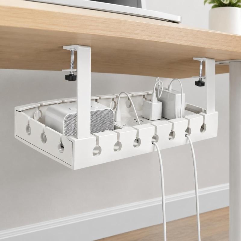 Under-Desk Cable Management Tray in Carbon Steel with Two Edge Clamps and Open Access, Extendable Power Strips Cord Holder for Stored Power