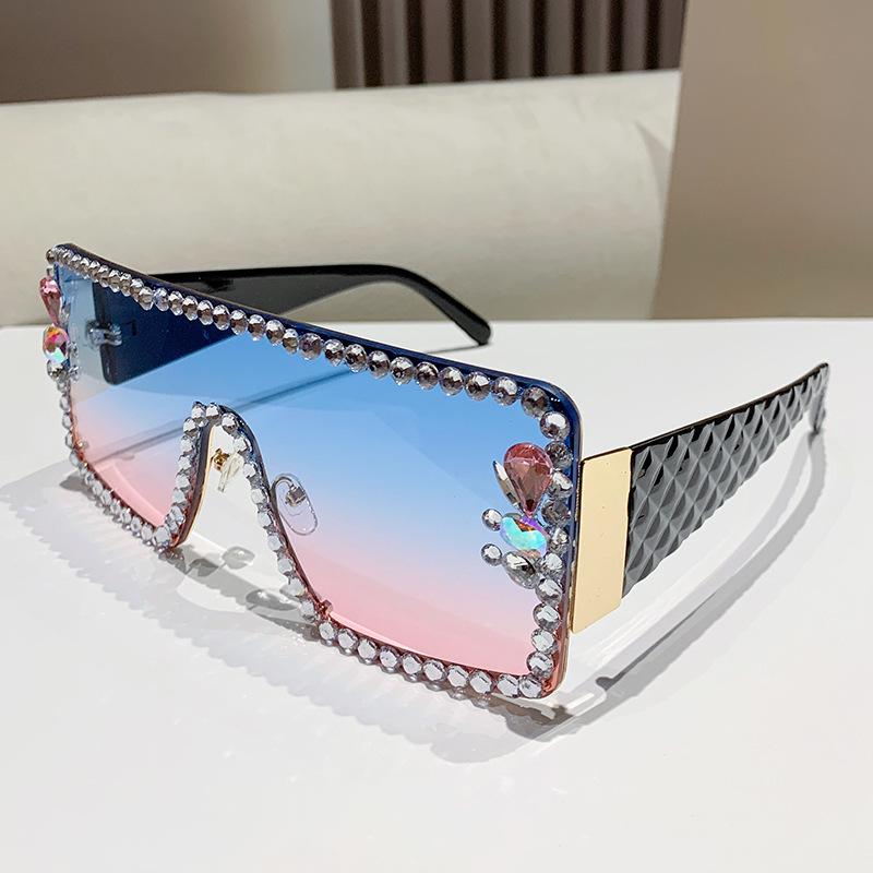 Large Frame Diamond-Encrusted Sunglasses, Women'S Anti-Ultraviolet Glasses, One-Piece Windproof Cycling Sunglasses, Rhinestone Glasses