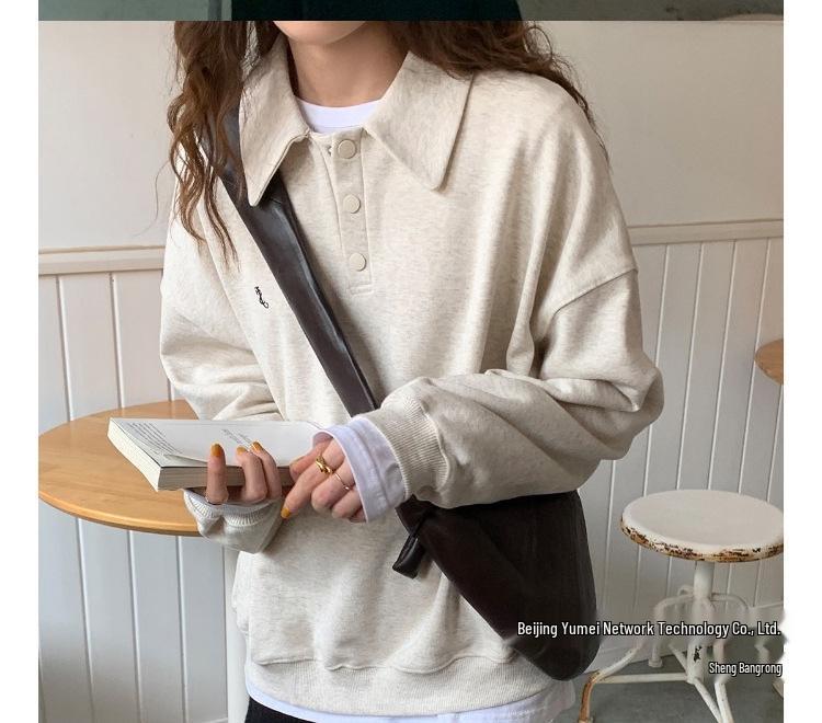 American Retro Gray Straight-Shoulder No-Hood Women's Sweatshirt - Autumn Thin Style, Petite Fit, Loose and Casual