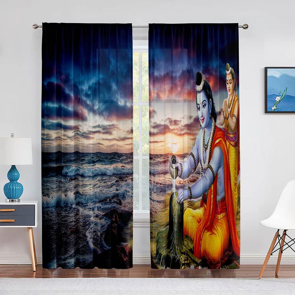 Lord Vishnu On Cloud Tulle Curtains Indian Hindu God Goddess Window Sheer Voile Curtain for Living Room Bedroom Kitchen Decor