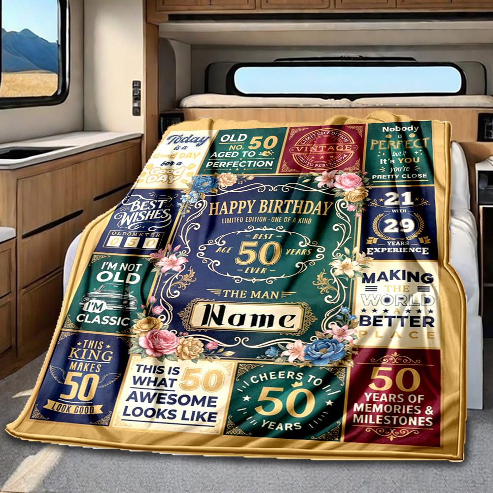 Golden Milestone Celebration Blanket Personalized Name Soft Comfortable Stylish Blanket Car Blanket Perfect For Travel Camping Outdoor Home Suitable