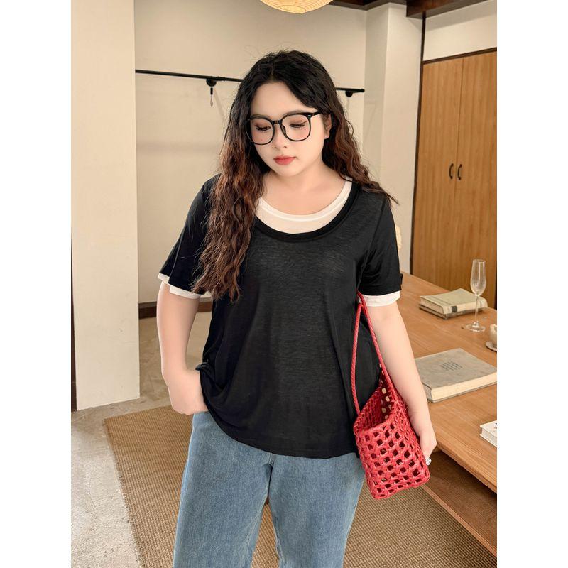 Plus size women clothing [Lyocell Stacked T] Double-Layer Contrast Color round Neck Loose Summer Short sleeve 100.00kg Belly Covering T-shirt