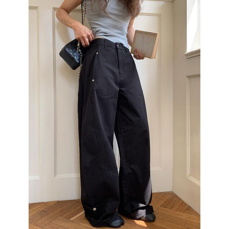 

Ленивые брюки-шаровары женские летние с высокой посадкой свободные широкие брюки маленькая осенняя пряная девочка повседневные брюки карго XL чёрный