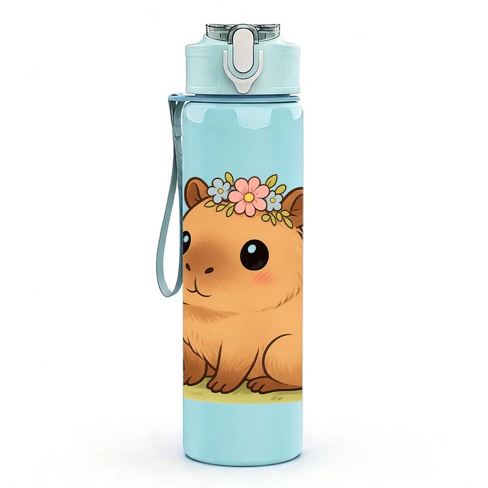 1PC Capybara Cartoon Pattern 750ml Color Plastic Sports Water Bottle Leakproof Flip Straw Lid Suitable for Sports Office Home Use